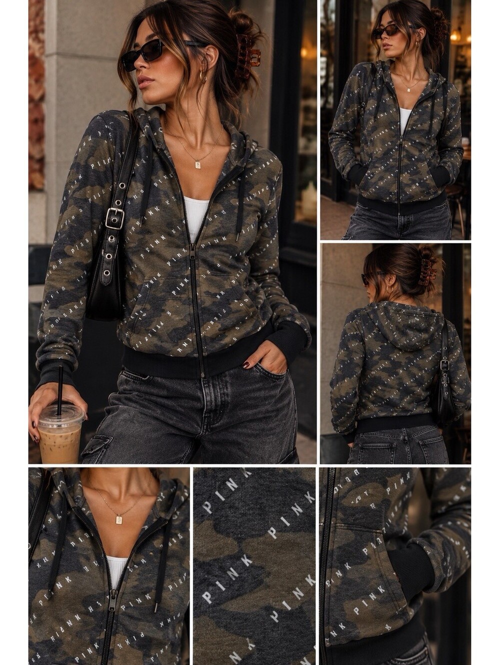 Womens Sz Small Victoria's Secret PINK Green Camo Full Zip-up Hoodie